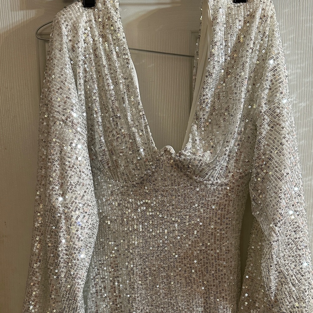 Fashion Nova White Sequin Backless Dress